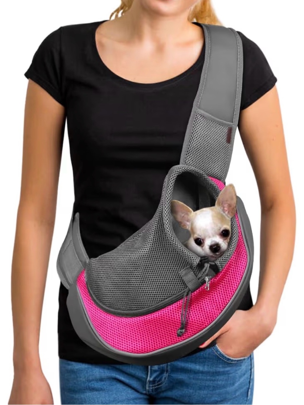 Pet Carrier Sling in Pink and Gray